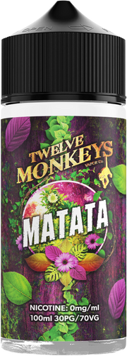 Matata Twelve Monkeys 100ml Shortfill – crisp apple & sweet grape blend, 0mg nicotine, perfect for sub-ohm vaping.
